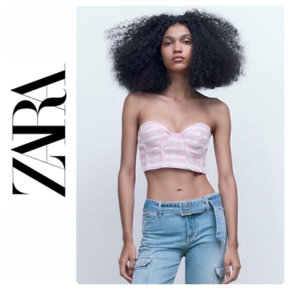 NWT Zara Pink Purple White Plaid Tweed Textured Corset Crop Top, Small